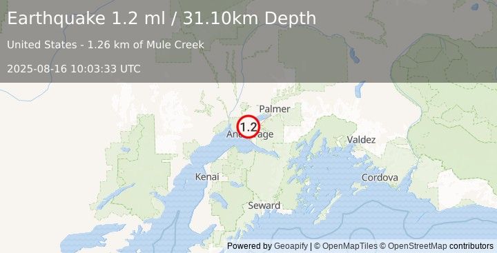 Earthquake 4 km SSE of Point MacKenzie, Alaska (1.2 ml) (2025-08-16 10:03:33 UTC)