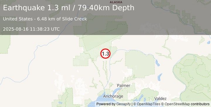 Earthquake 29 km NNE of Petersville, Alaska (1.3 ml) (2025-08-16 11:38:23 UTC)