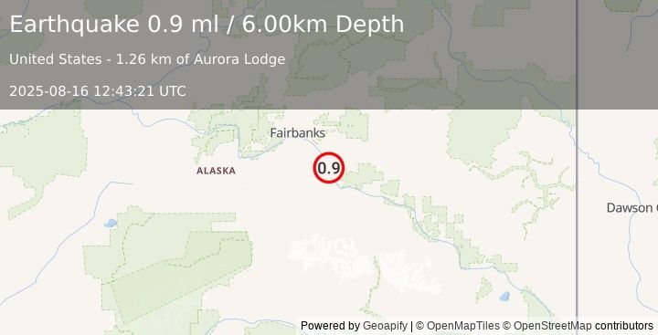 Earthquake 5 km SSW of Salcha, Alaska (0.9 ml) (2025-08-16 12:43:21 UTC)