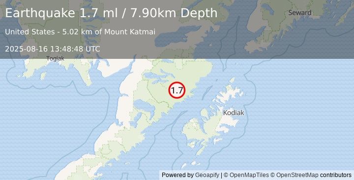 Earthquake 88 km NNW of Karluk, Alaska (1.7 ml) (2025-08-16 13:48:48 UTC)