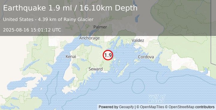 Earthquake 20 km SSE of Whittier, Alaska (1.9 ml) (2025-08-16 15:01:12 UTC)