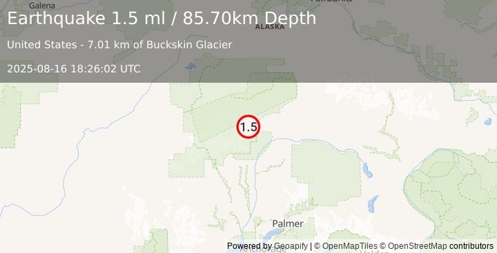 Earthquake 63 km NNE of Petersville, Alaska (1.5 ml) (2025-08-16 18:26:02 UTC)