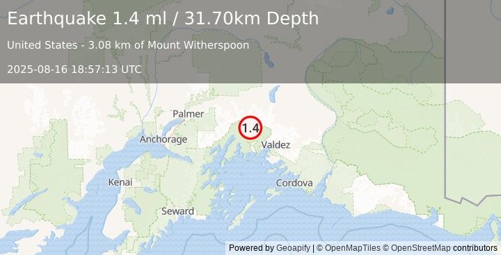 Earthquake 51 km WNW of Valdez, Alaska (1.4 ml) (2025-08-16 18:57:13 UTC)