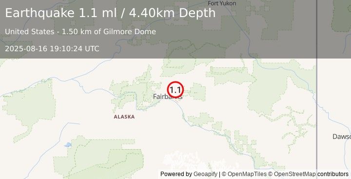 Earthquake 11 km E of Fox, Alaska (1.1 ml) (2025-08-16 19:10:24 UTC)