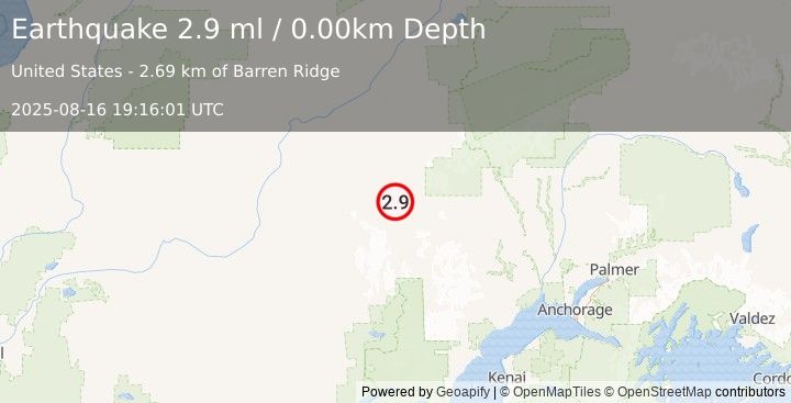Earthquake 92 km SSE of Nikolai, Alaska (2.9 ml) (2025-08-16 19:16:02 UTC)