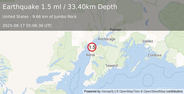 Earthquake 20 km S of Tyonek, Alaska (1.5 ml) (2025-08-17 05:06:36 UTC)