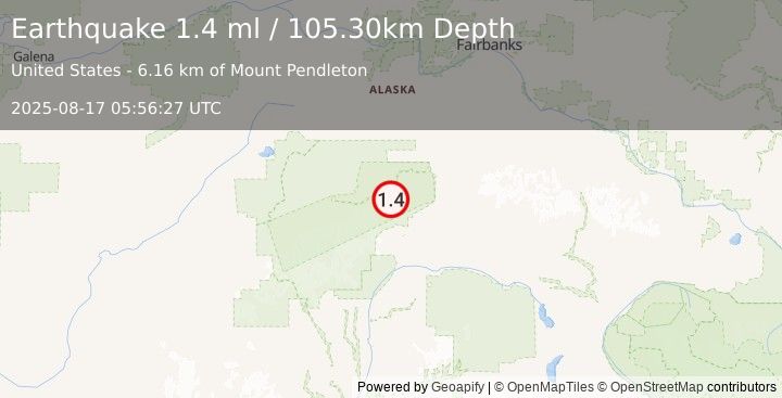 Earthquake 38 km WNW of Cantwell, Alaska (1.4 ml) (2025-08-17 05:56:27 UTC)