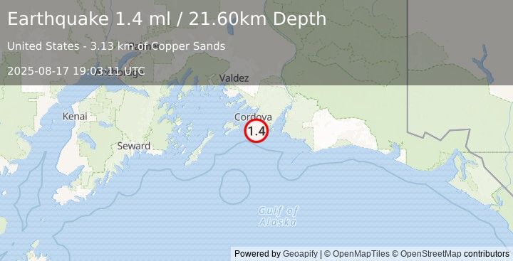 Earthquake 23 km SSE of Cordova, Alaska (1.4 ml) (2025-08-17 19:03:11 UTC)