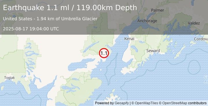 Earthquake 57 km ENE of Pedro Bay, Alaska (1.1 ml) (2025-08-17 19:04:00 UTC)