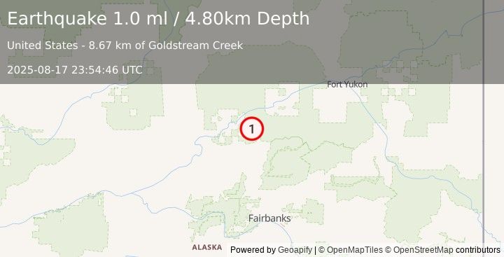 Earthquake 37 km E of Stevens Village, Alaska (1.0 ml) (2025-08-17 23:54:46 UTC)