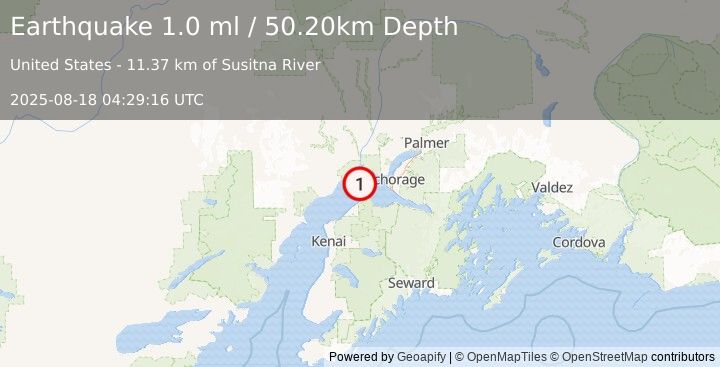 Earthquake 27 km E of Beluga, Alaska (1.0 ml) (2025-08-18 04:29:16 UTC)