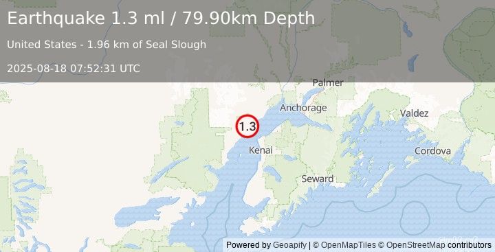 Earthquake 33 km WSW of Tyonek, Alaska (1.3 ml) (2025-08-18 07:52:31 UTC)