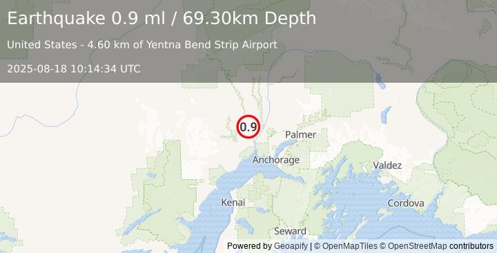 Earthquake 23 km NW of Susitna, Alaska (0.9 ml) (2025-08-18 10:14:34 UTC)