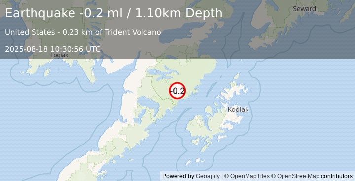 Earthquake 83 km NNW of Karluk, Alaska (-0.2 ml) (2025-08-18 10:30:56 UTC)