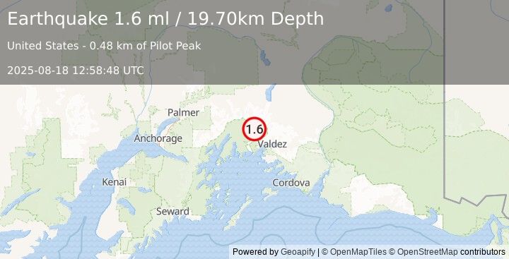 Earthquake 37 km NW of Valdez, Alaska (1.6 ml) (2025-08-18 12:58:48 UTC)