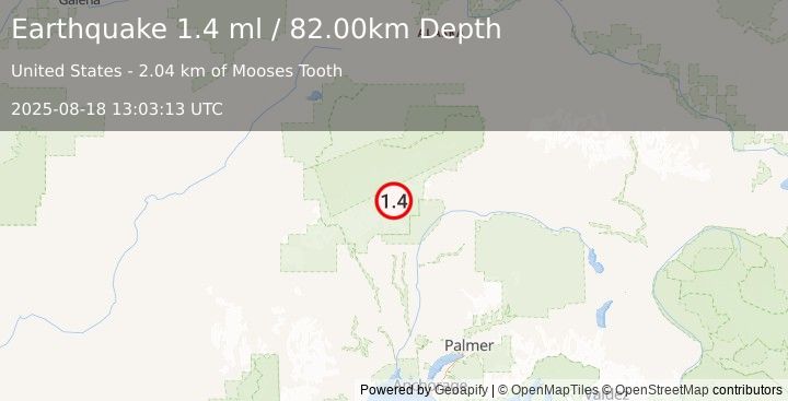Earthquake 51 km N of Petersville, Alaska (1.4 ml) (2025-08-18 13:03:13 UTC)