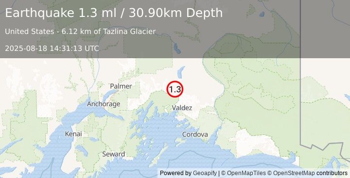 Earthquake 48 km NNW of Valdez, Alaska (1.3 ml) (2025-08-18 14:31:13 UTC)