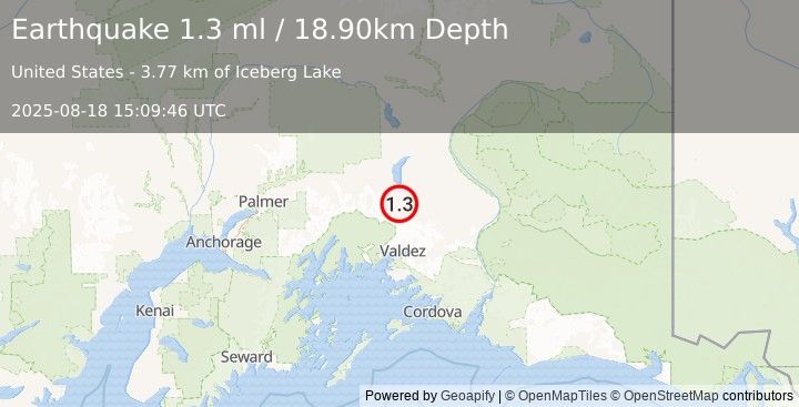 Earthquake 49 km N of Valdez, Alaska (1.3 ml) (2025-08-18 15:09:46 UTC)