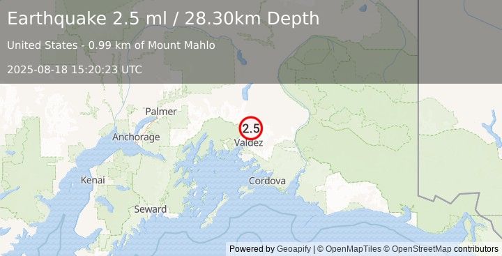 Earthquake 24 km N of Valdez, Alaska (2.5 ml) (2025-08-18 15:20:23 UTC)
