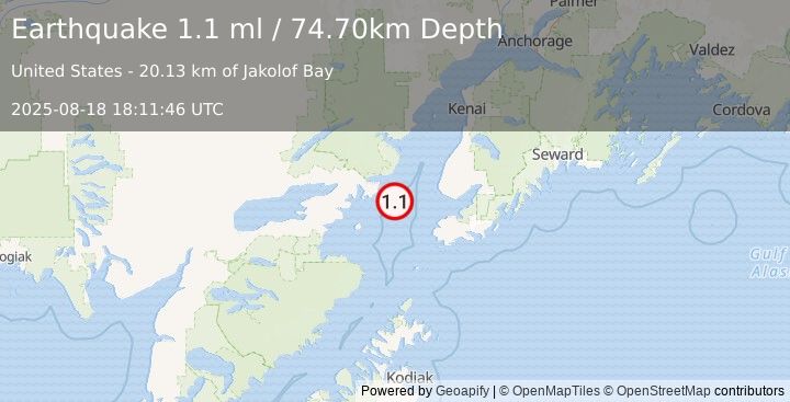 Earthquake 51 km WSW of Anchor Point, Alaska (1.1 ml) (2025-08-18 18:11:46 UTC)