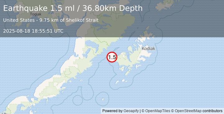 Earthquake 33 km WSW of Karluk, Alaska (1.5 ml) (2025-08-18 18:55:51 UTC)