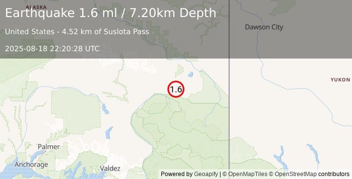 Earthquake 23 km SE of Mentasta Lake, Alaska (1.6 ml) (2025-08-18 22:20:28 UTC)