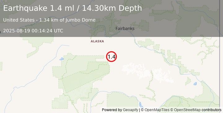 Earthquake 19 km NE of Healy, Alaska (1.4 ml) (2025-08-19 00:14:24 UTC)