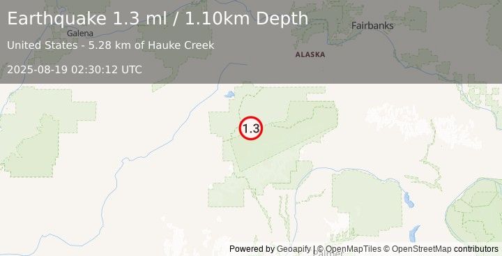 Earthquake 15 km SE of Denali National Park, Alaska (1.3 ml) (2025-08-19 02:30:12 UTC)