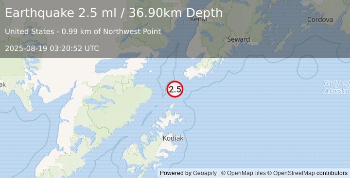 Earthquake 50 km SSW of Nanwalek, Alaska (2.5 ml) (2025-08-19 03:20:52 UTC)