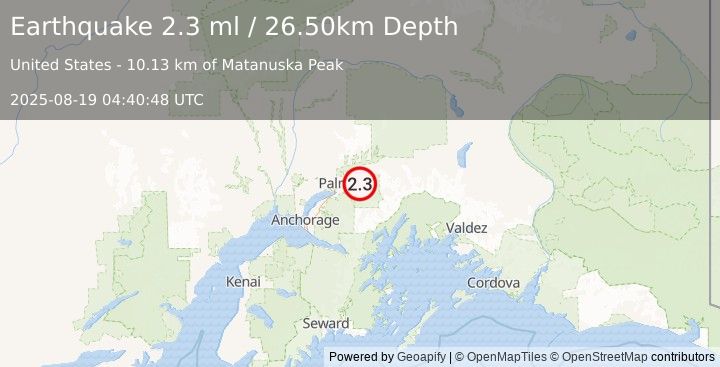 Earthquake 13 km ESE of Lazy Mountain, Alaska (2.3 ml) (2025-08-19 04:40:48 UTC)