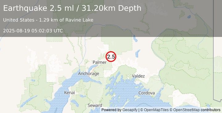 Earthquake 8 km E of Chickaloon, Alaska (2.5 ml) (2025-08-19 05:02:03 UTC)