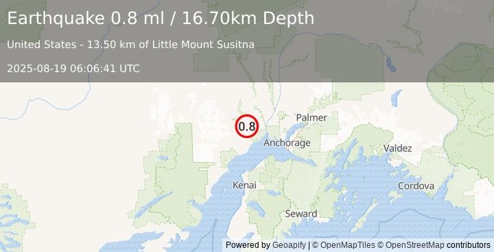 Earthquake 36 km WSW of Susitna, Alaska (0.8 ml) (2025-08-19 06:06:41 UTC)