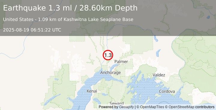 Earthquake 8 km NNW of Willow, Alaska (1.3 ml) (2025-08-19 06:51:22 UTC)