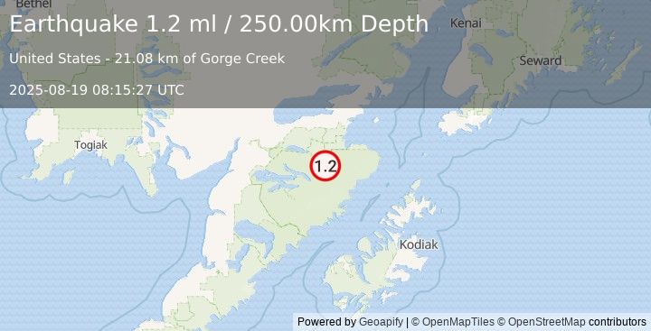Earthquake 71 km S of Kokhanok, Alaska (1.2 ml) (2025-08-19 08:15:27 UTC)