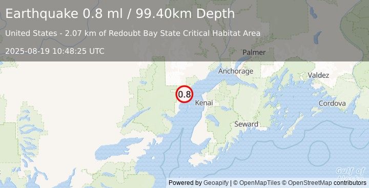 Earthquake 44 km W of Nikiski, Alaska (0.8 ml) (2025-08-19 10:48:25 UTC)