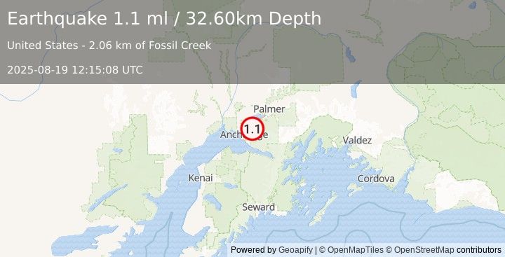 Earthquake 3 km WSW of Eagle River, Alaska (1.1 ml) (2025-08-19 12:15:08 UTC)
