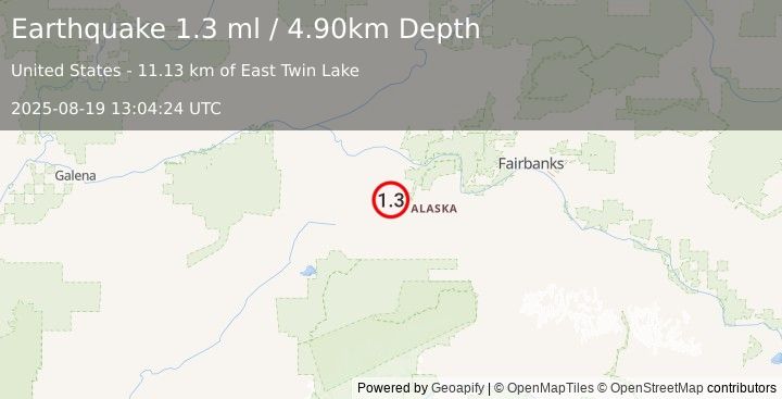 Earthquake 53 km S of Manley Hot Springs, Alaska (1.3 ml) (2025-08-19 13:04:24 UTC)