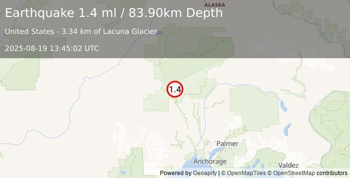 Earthquake 46 km NW of Petersville, Alaska (1.4 ml) (2025-08-19 13:45:02 UTC)