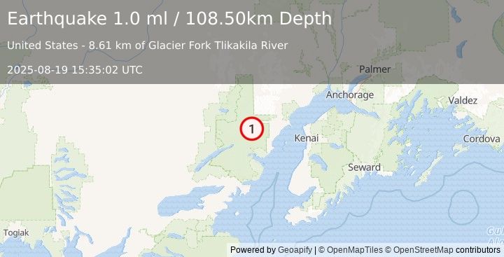 Earthquake 90 km W of Salamatof, Alaska (1.0 ml) (2025-08-19 15:35:02 UTC)
