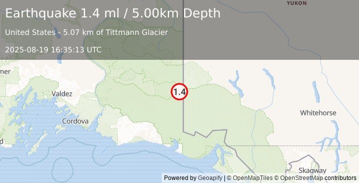 Earthquake 98 km ESE of McCarthy, Alaska (1.4 ml) (2025-08-19 16:35:13 UTC)