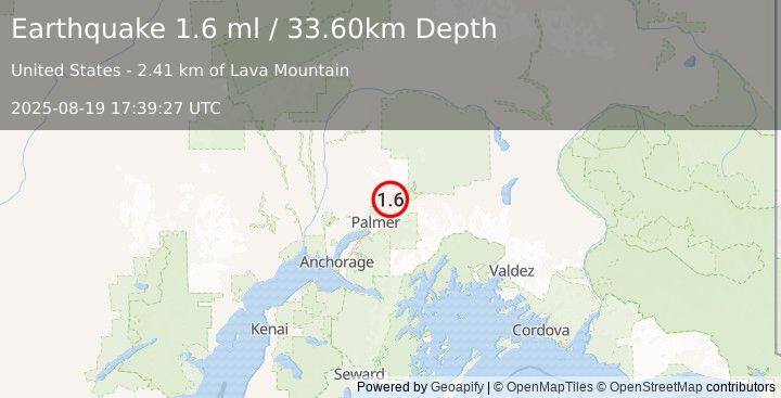 Earthquake 5 km NNW of Sutton-Alpine, Alaska (1.6 ml) (2025-08-19 17:39:27 UTC)