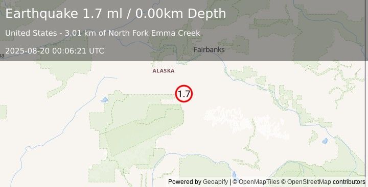 Earthquake 15 km E of Ferry, Alaska (1.7 ml) (2025-08-20 00:06:21 UTC)