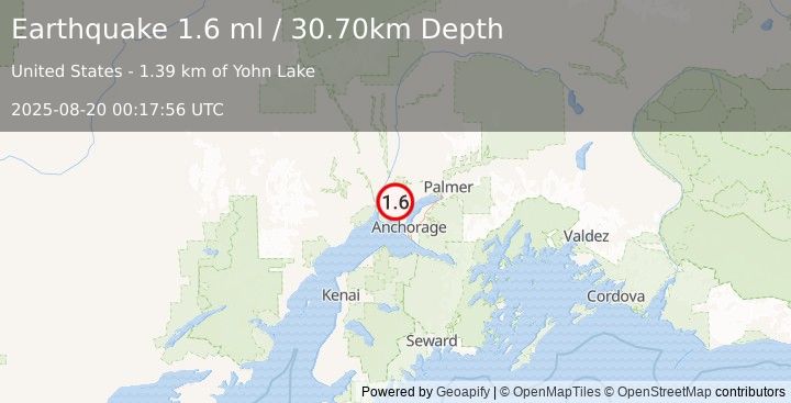 Earthquake 13 km WSW of Big Lake, Alaska (1.6 ml) (2025-08-20 00:17:56 UTC)