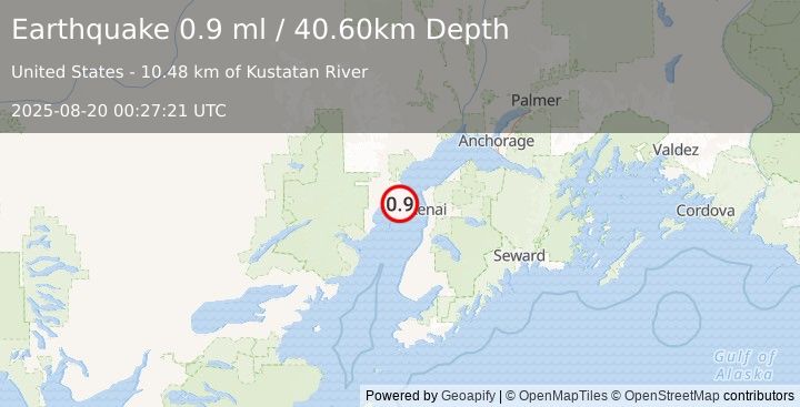 Earthquake 26 km W of Salamatof, Alaska (0.9 ml) (2025-08-20 00:27:21 UTC)