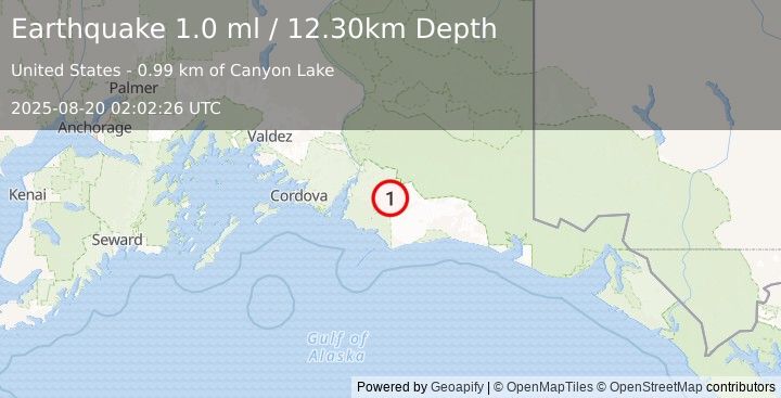 Earthquake 101 km E of Cordova, Alaska (1.0 ml) (2025-08-20 02:02:26 UTC)