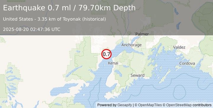 Earthquake 32 km NW of Nikiski, Alaska (0.7 ml) (2025-08-20 02:47:36 UTC)