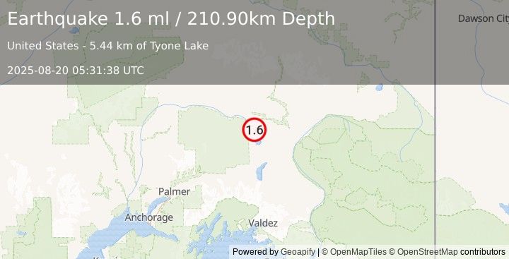 Earthquake 24 km N of Lake Louise, Alaska (1.6 ml) (2025-08-20 05:31:38 UTC)