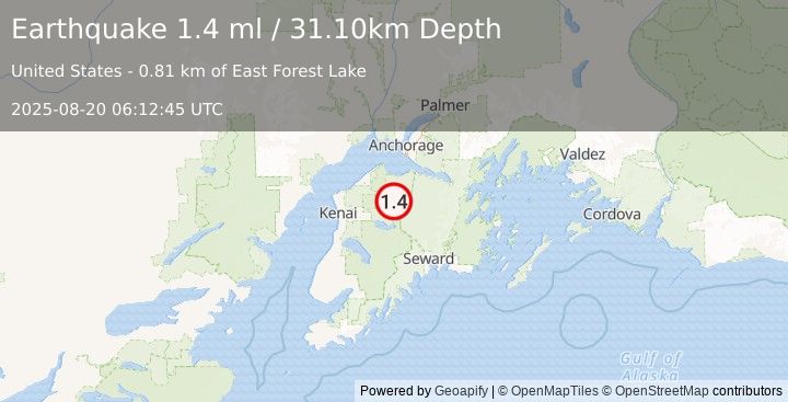 Earthquake 26 km NW of Cooper Landing, Alaska (1.4 ml) (2025-08-20 06:12:45 UTC)
