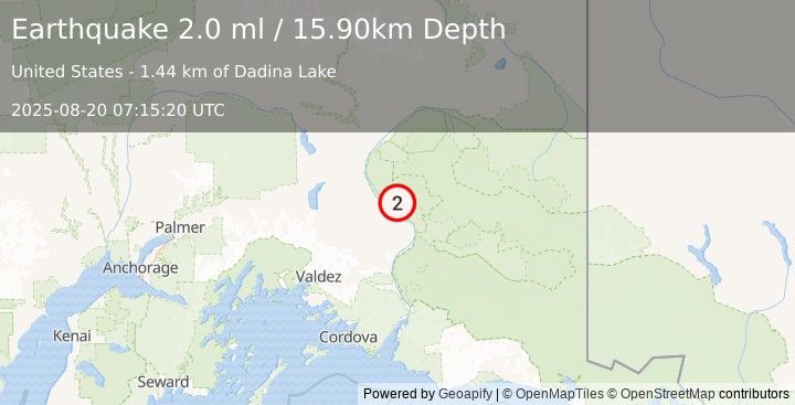 Earthquake 15 km NE of Kenny Lake, Alaska (2.0 ml) (2025-08-20 07:15:20 UTC)