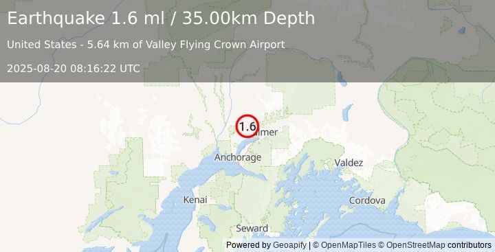Earthquake 7 km N of Meadow Lakes, Alaska (1.6 ml) (2025-08-20 08:16:22 UTC)